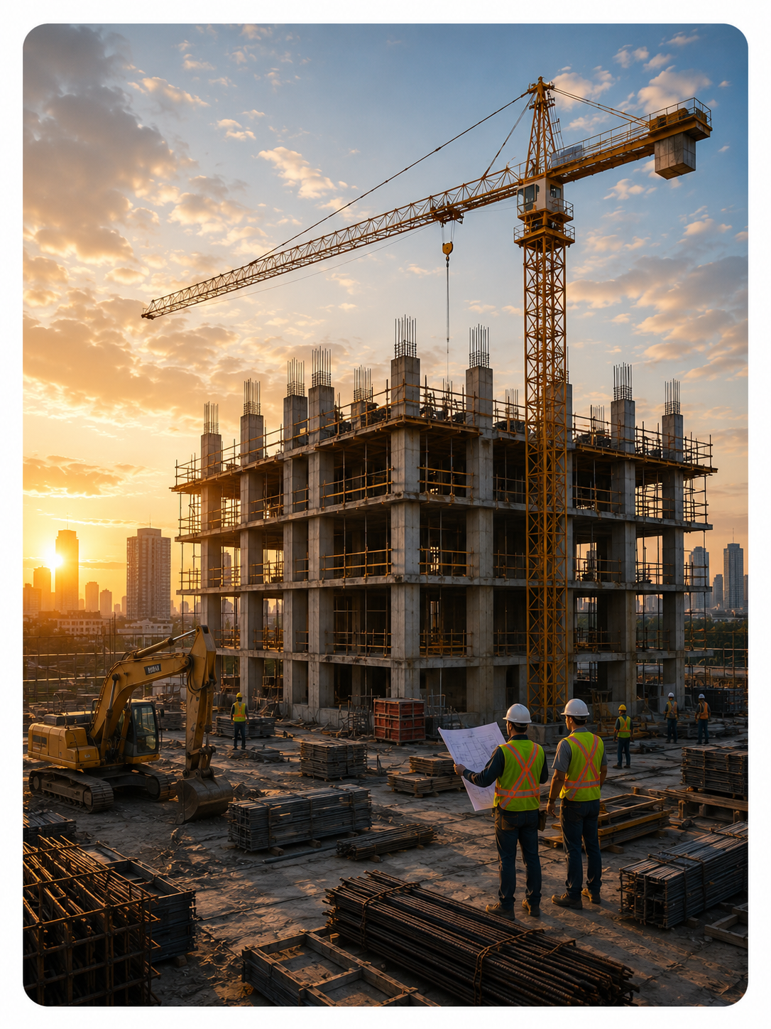 Chantier de construction au coucher du soleil